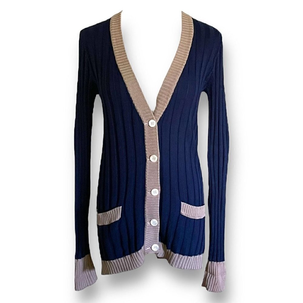 Yves Saint Laurent Rive Gauche Vintage 1970s Womens Cardigan Sz S Navy Blue Tan - Picture 2 of 10